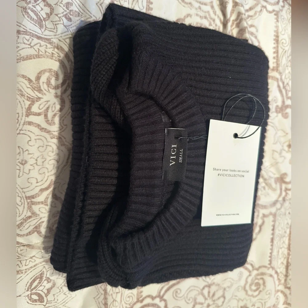 NWT! Vici Black Ribbed Puff Sleeve Sweater Dress - Picture 2 of 10